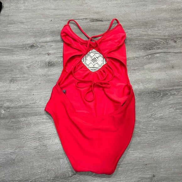 Aerie Bright Red V-Neck One Piece Bathing Suit Swimsuit Crochet Women’s Size XS - Picture 4 of 6